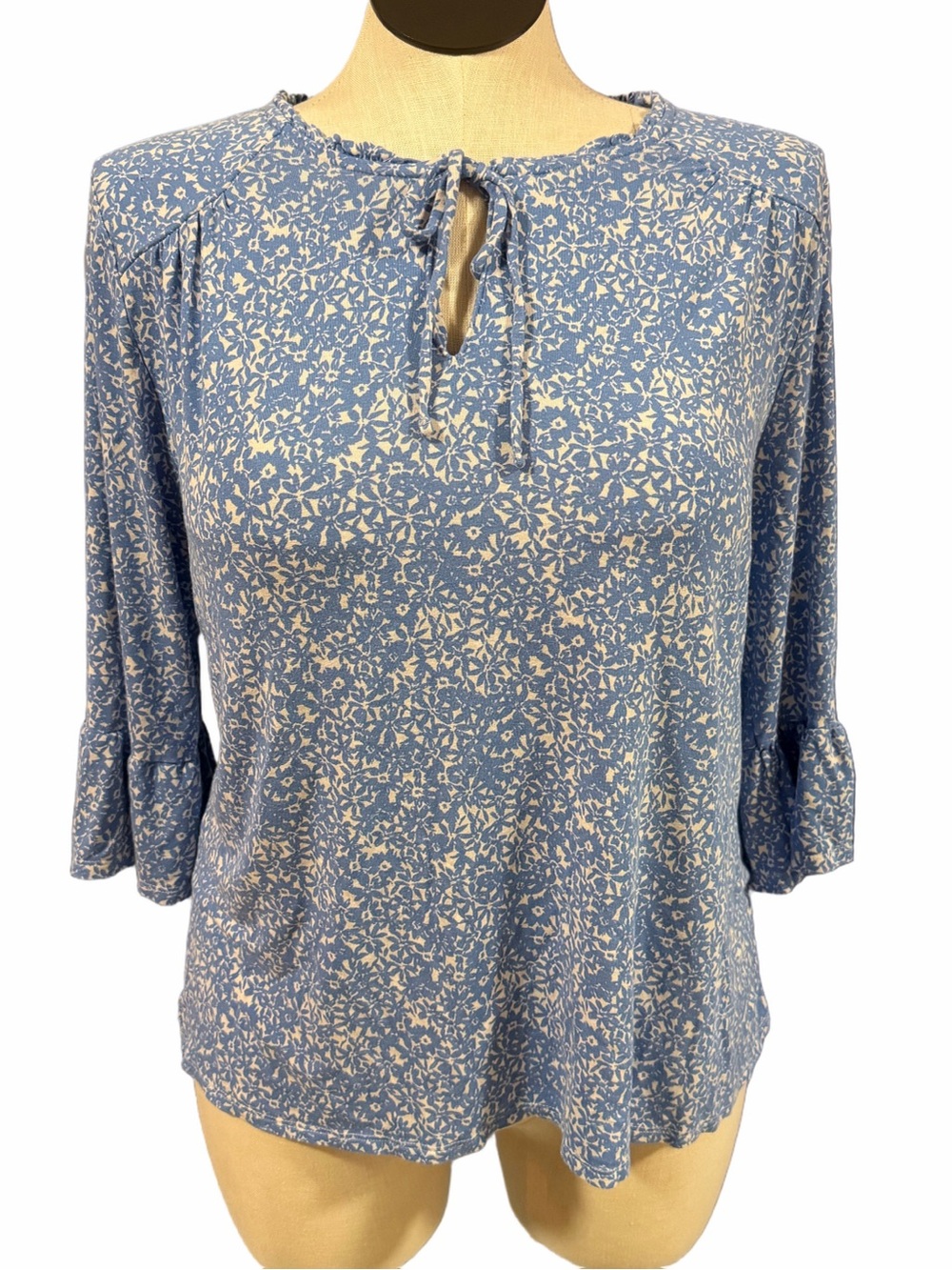 croft & barrow Blue Floral Keyhole Ruffle-Trim Blouse